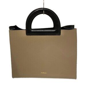 Auth FURLA - Beige Black Leather Tote Bag